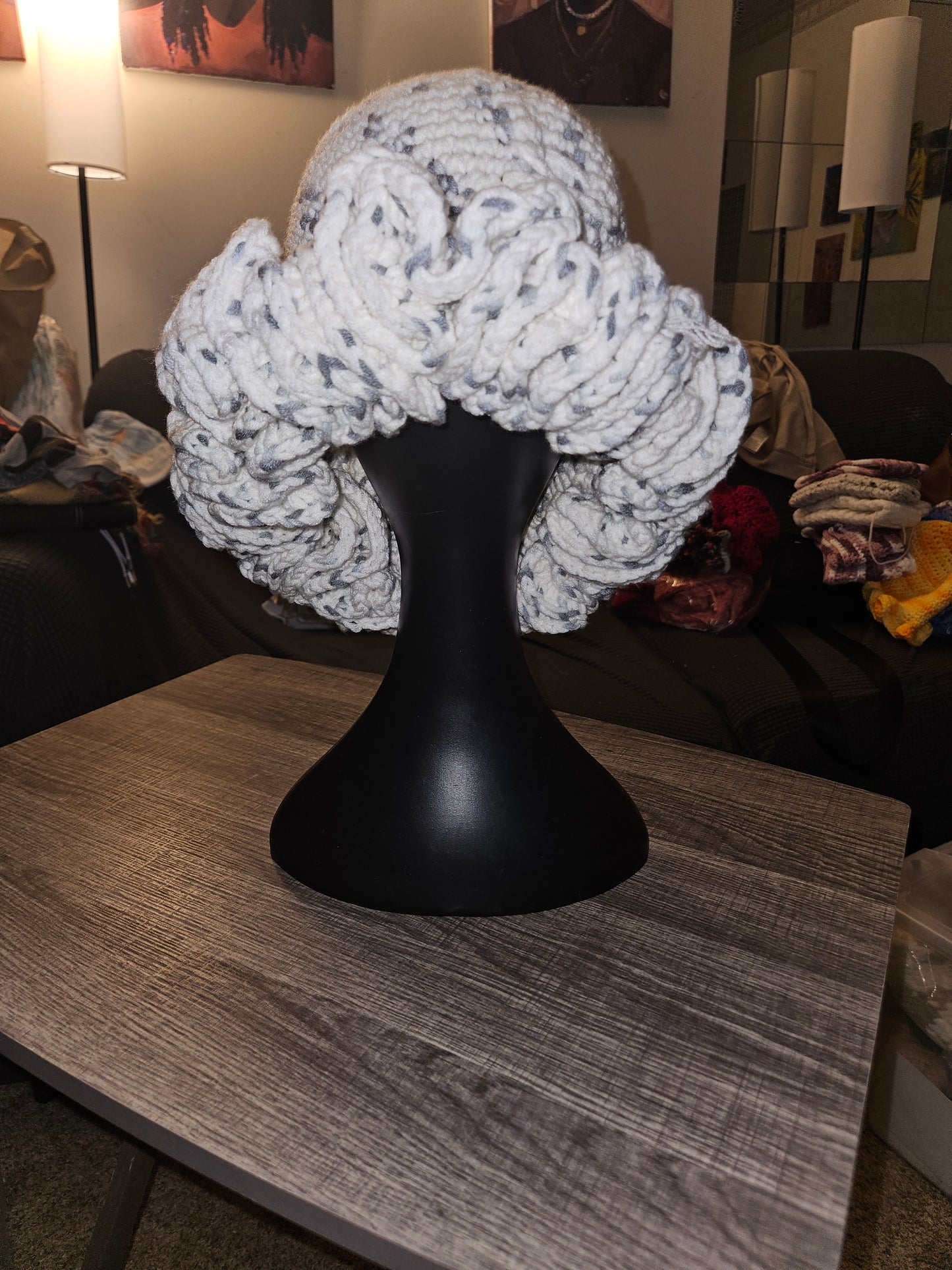 White Cozy Cotton Yarn Ruffle Hat