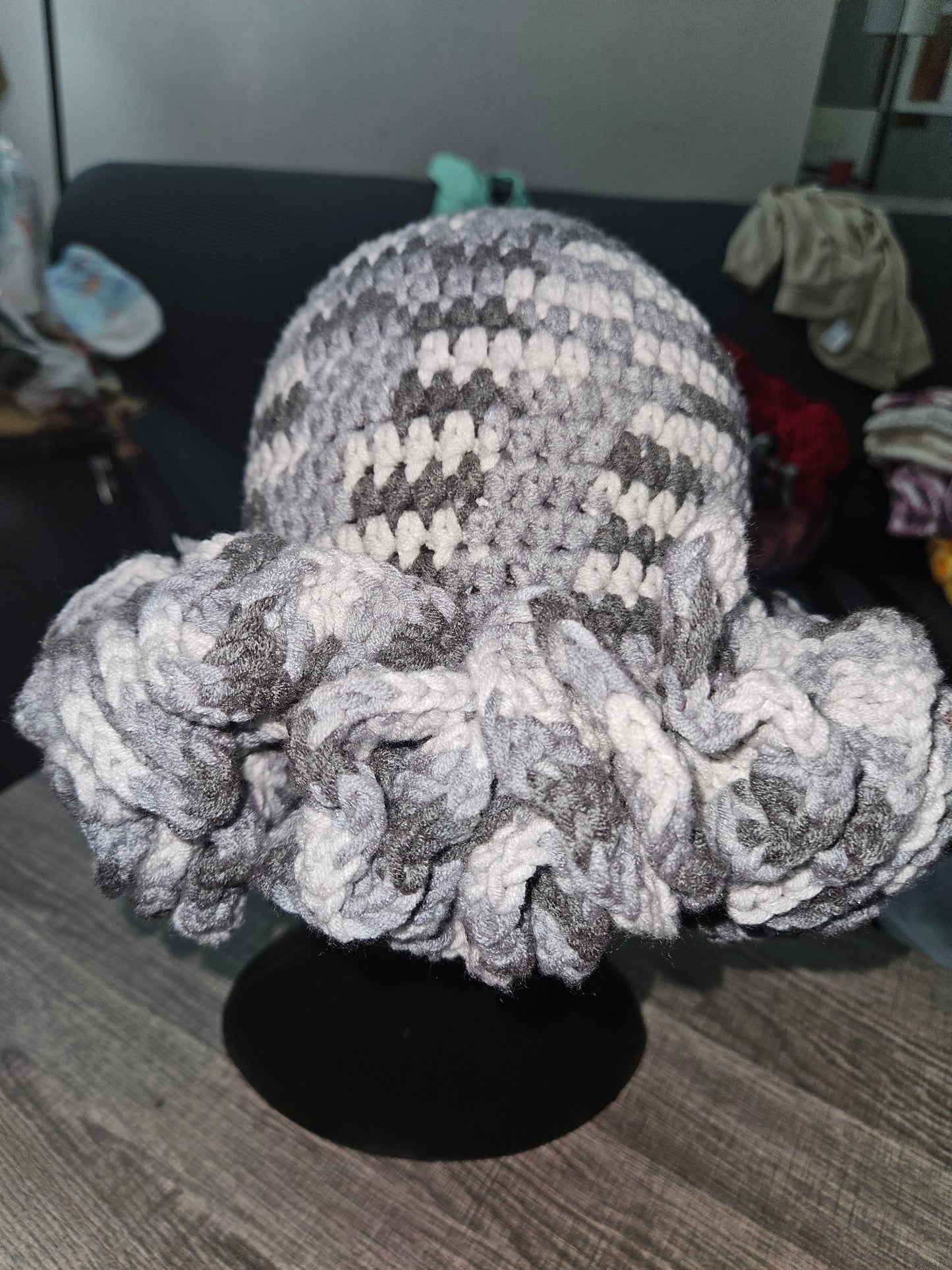 Gray Cozy Cotton Yarn Ruffle Hat