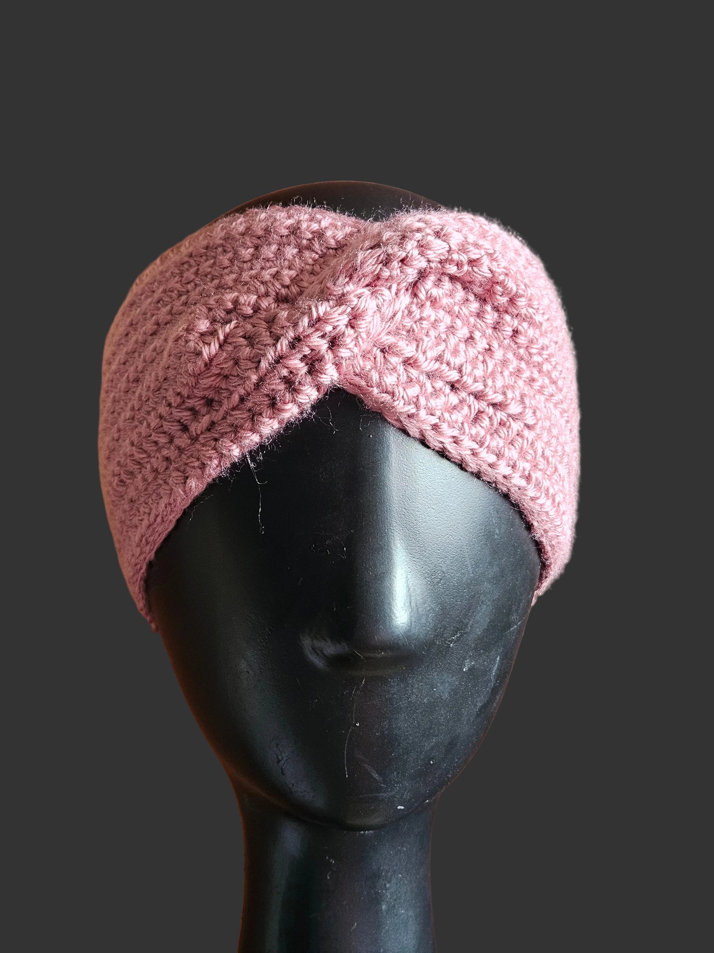 Handmade Dusty Rose twisted crochet ear warmer with a twisted center detail, natural hair friendly