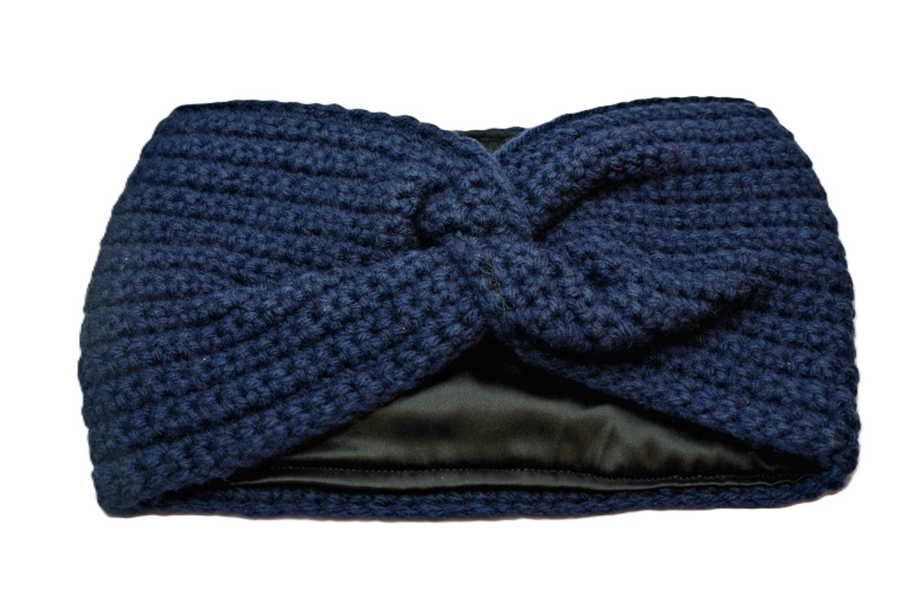 Blue Satin-Lined Crochet Headband Ear Warmer