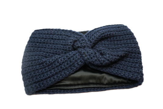 Blue Satin-Lined Crochet Headband Ear Warmer