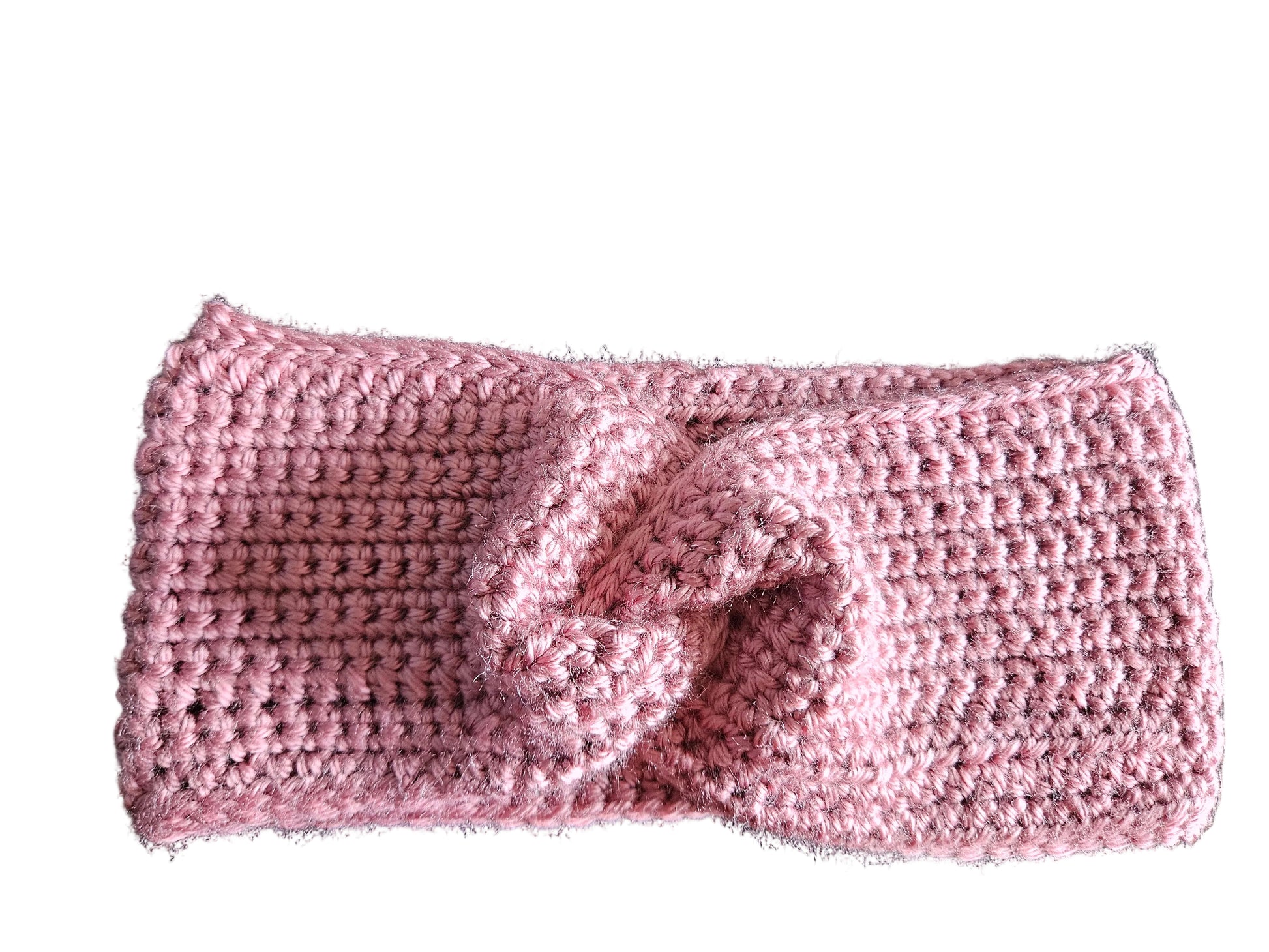 Handmade Dusty Rose twisted crochet ear warmer with a twisted center detail, natural hair friendly