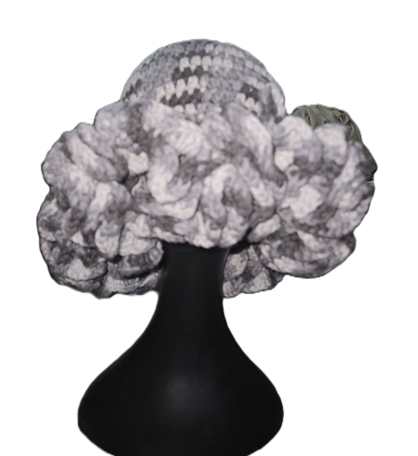 Gray Cozy Cotton Yarn Ruffle Hat, a one-of-a-kind handmade piece