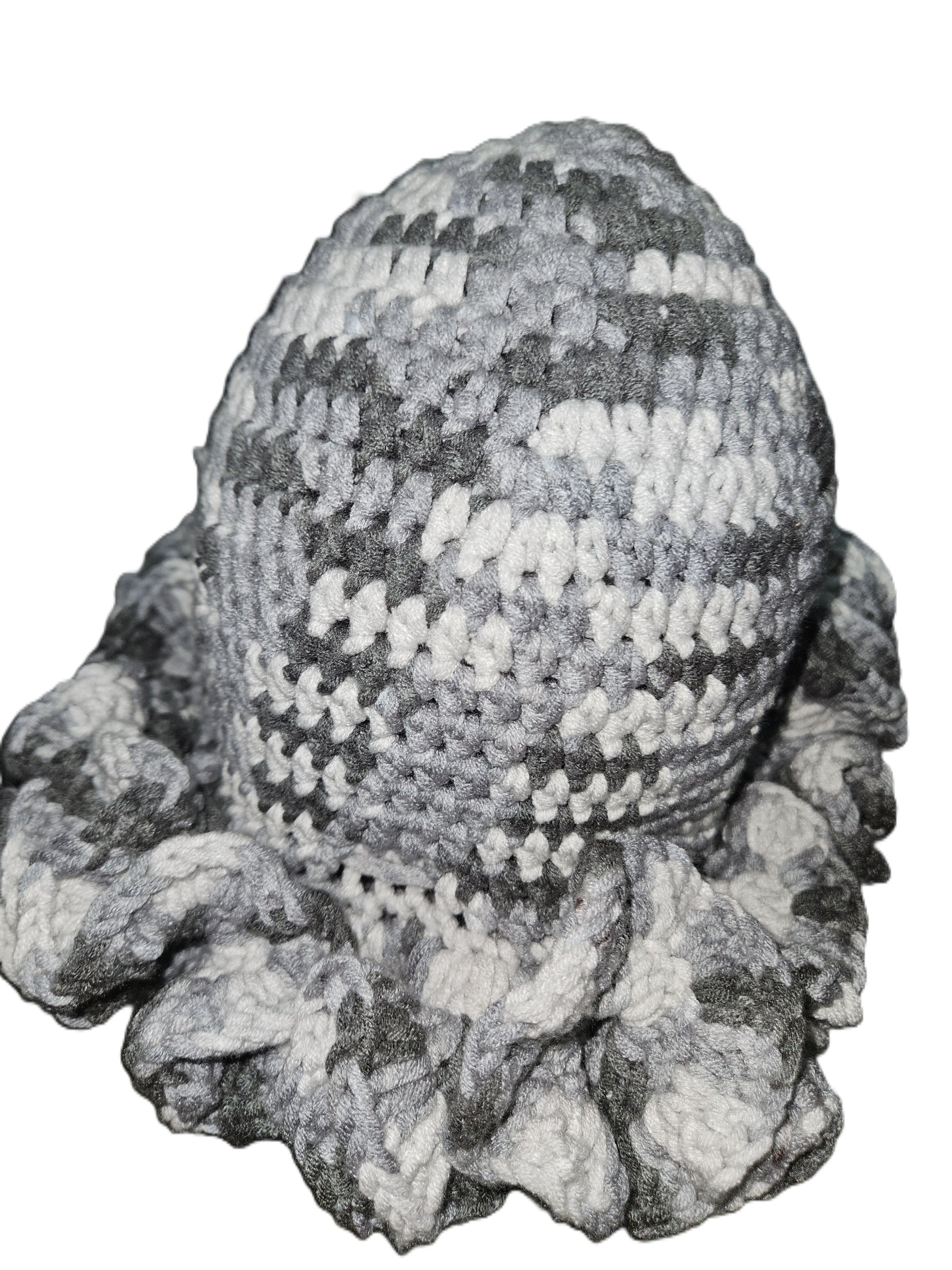 Gray Cozy Cotton Yarn Ruffle Hat, a one-of-a-kind handmade piece