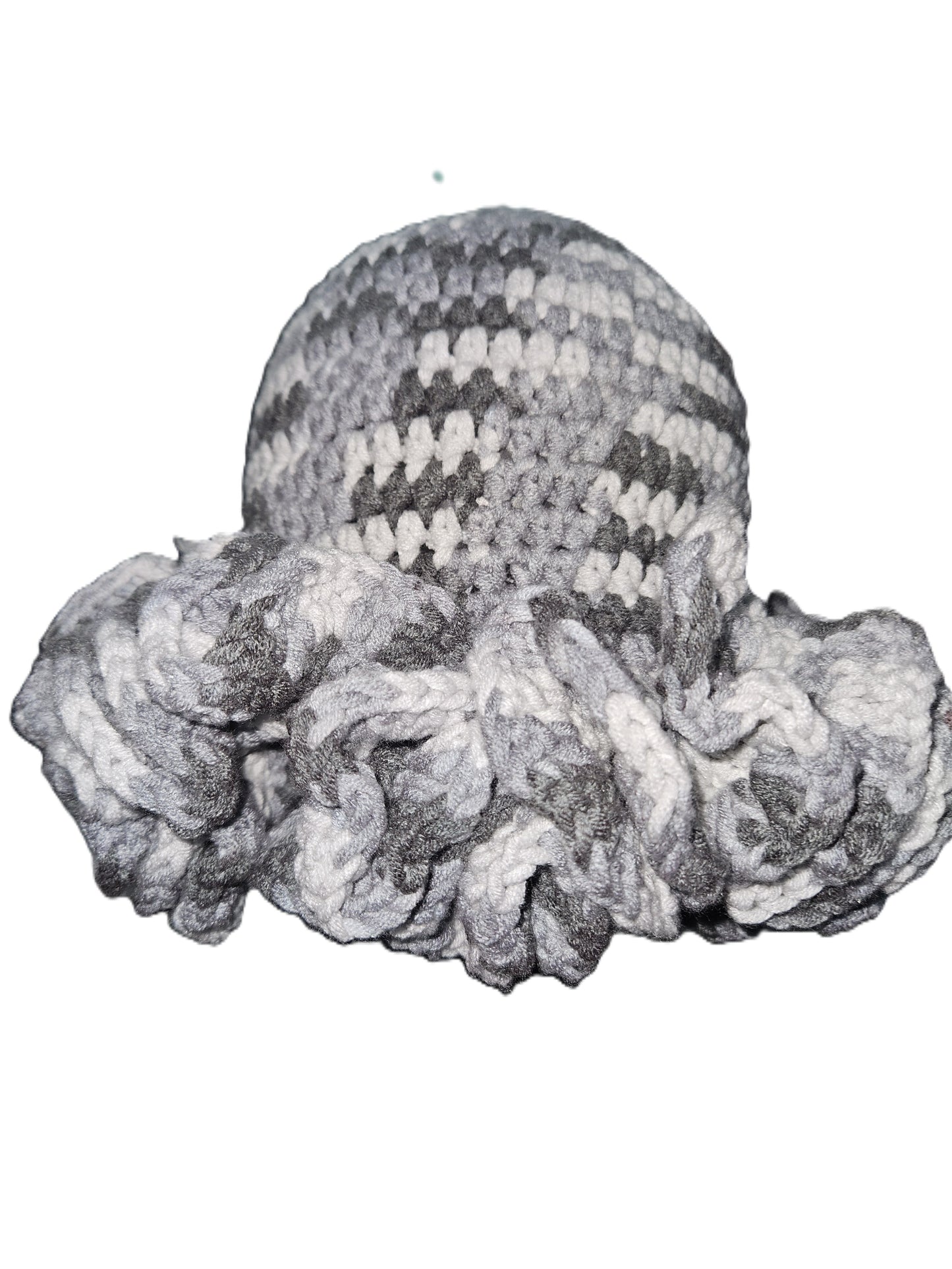 Gray Cozy Cotton Yarn Ruffle Hat, a one-of-a-kind handmade piece