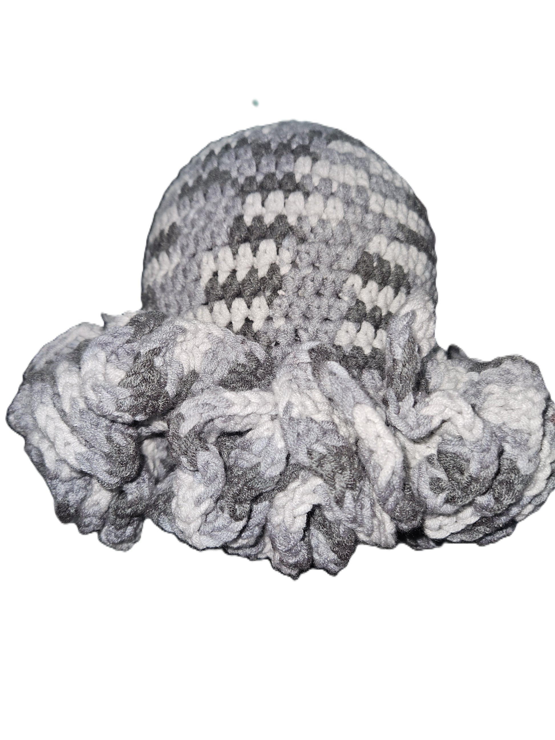 Gray Cozy Cotton Yarn Ruffle Hat, a one-of-a-kind handmade piece