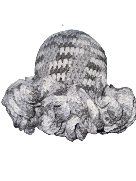 Gray Cozy Cotton Yarn Ruffle Hat, a one-of-a-kind handmade piece