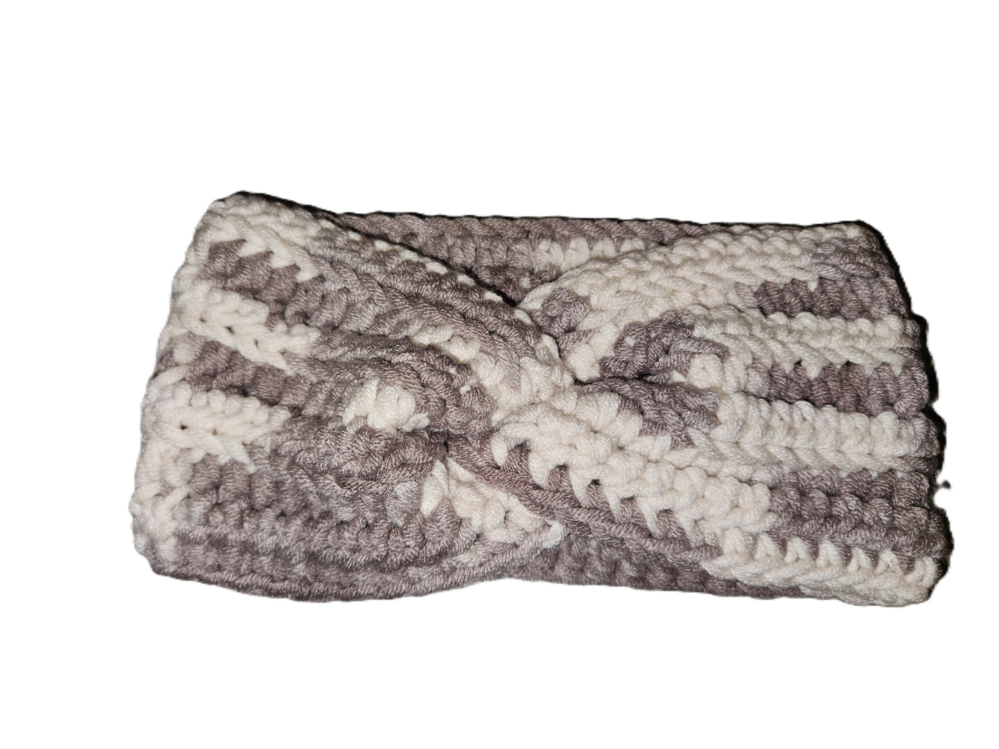 Handmade tan twisted crochet ear warmer with a twisted center detail, natural hair friendly