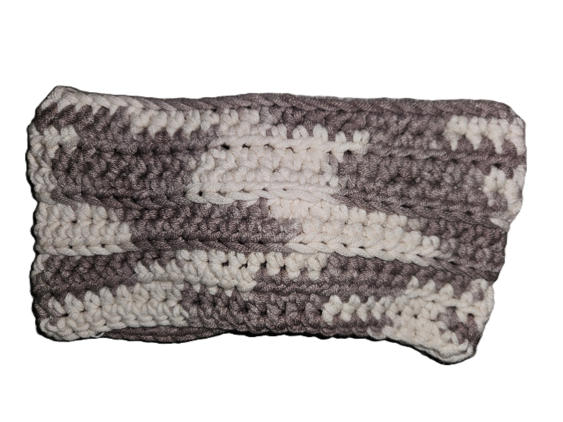 Knitted headband with gray and white pattern on a white background